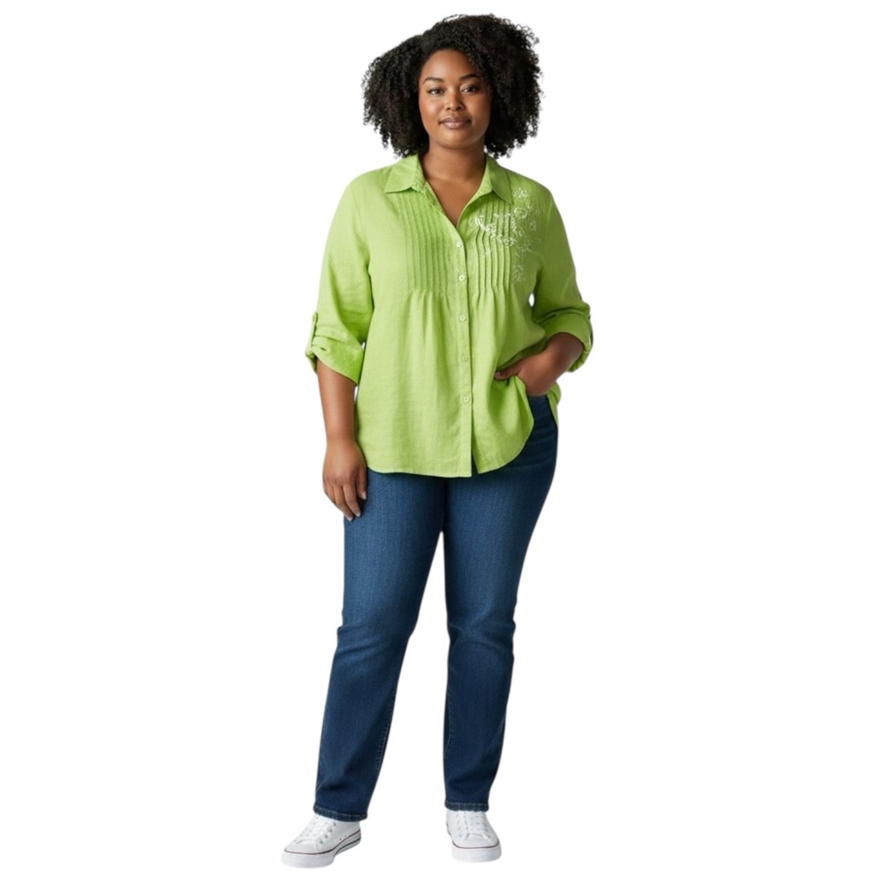 CARROLL REED Woman 100% Linen Lime Button-Down Shirt Size 1X - Picture 10 of 13